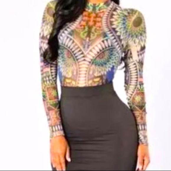 Fashion Nova Sheer Tribal Print Bodysuit - Picture 1 of 8